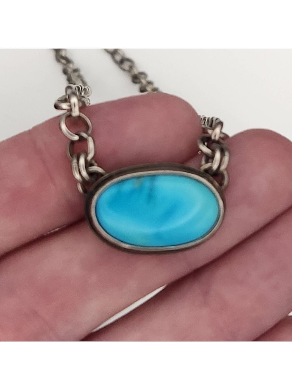 Turquoise Oval Pendant Necklace with Handmade 16 In Chain